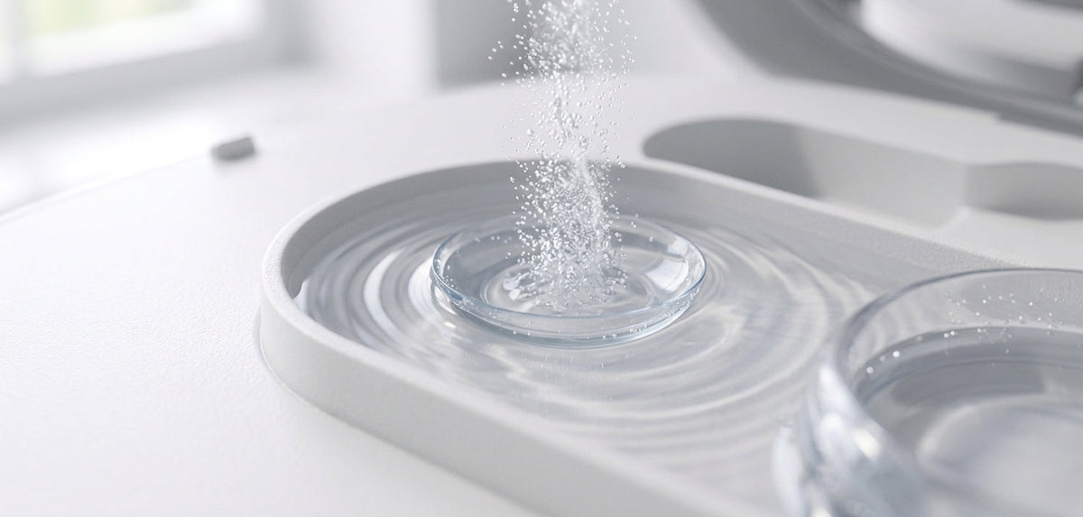 Close-up of a contact lens inside the Ocuvia ultrasonic cleaner