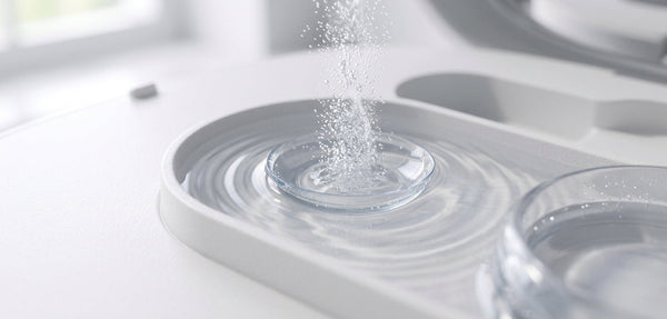 Close-up of a contact lens inside the Ocuvia ultrasonic cleaner