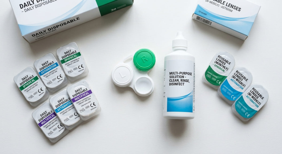 Several contact lens types beside a clean lens case and solution bottle