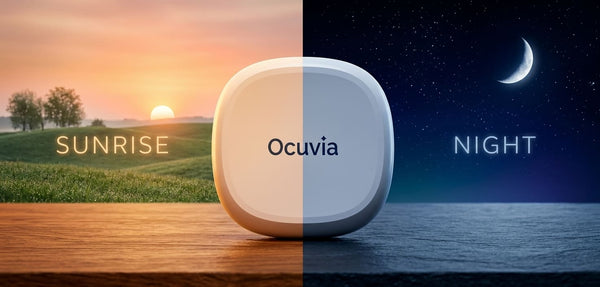 Split morning/evening scene with a contact lens case in the center